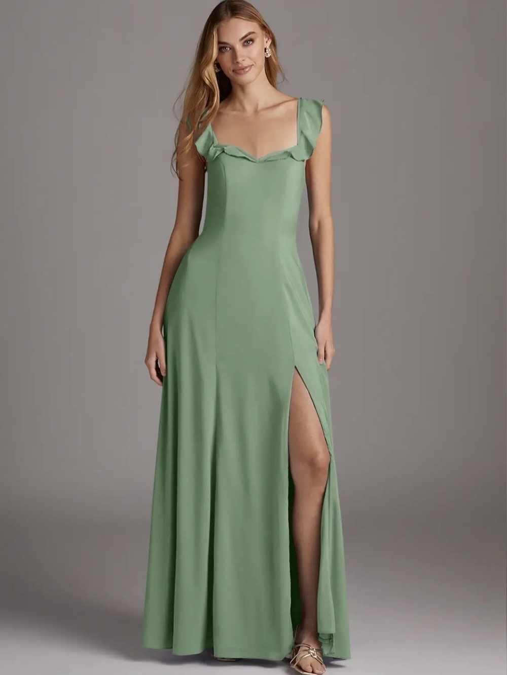 BNWT AZAZIE Arela Matcha Green Ruffle Maxi Gown Dress US A0 Boho Coastal Gown